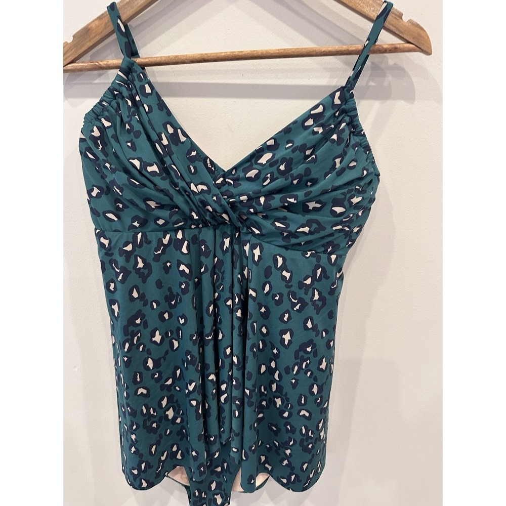 Garnet Hill One Piece Swimsuit 10 Teal Leopard Twist Front Tummy Control Nwot